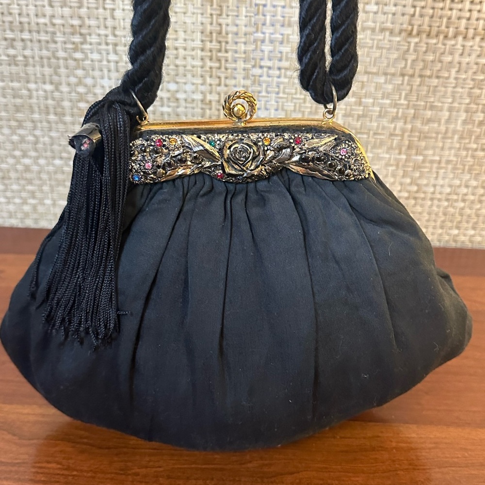 🌟2xHP🌟VTG 1940-50s Colored Rhinestone Black  Fabric Handbag Guild Creations